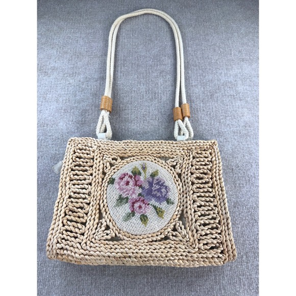 Handbags - Vintage Woven Straw Shoulder Bag Tan Floral Needlepoint Boho Rope Handle Zip Top